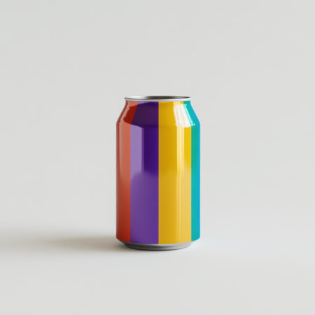 A vibrant beverage can featuring a rainbow stripe design, symbolizing diversity and unity. The colorful can stands on a clean background, emphasizing its artistic appeal.の素材