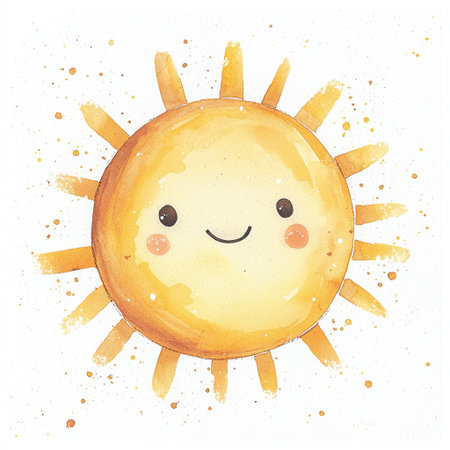 This adorable watercolor sun illustration features a smiling face and vibrant rays, perfect for cheerful decor, children's art, or warm designs.の素材