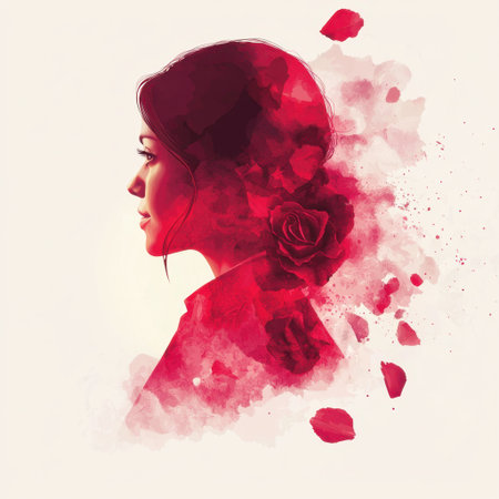 A stunning portrait of a woman in profile, featuring vibrant floral elements and artistic red hues, capturing beauty and emotion through creative expression.の素材