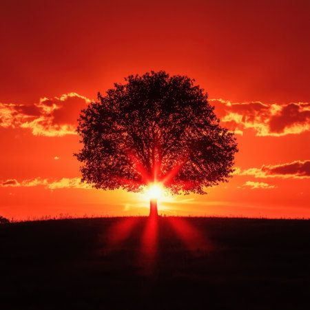 A stunning tree silhouette against a vibrant sunset sky, showcasing dramatic colors and cloud patterns, evokes a sense of tranquility and natural beauty.の素材