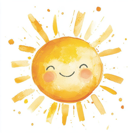 Adorable cartoon sun with a smiling face radiates joy and warmth. This watercolor illustration features vibrant sunrays, perfect for cheerful designs.の素材