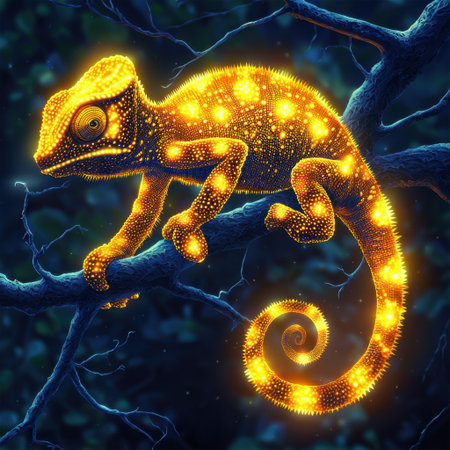 A mesmerizing glowing chameleon perched on a branch in a mystical forest. This captivating image highlights the unique colors and patterns, creating a stunning visual of nature's beauty at night.の素材