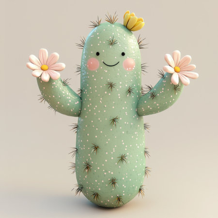 This adorable cartoon cactus character features a friendly smile and holds flowers, radiating charm and joy. Perfect for playful designs or decor!の素材