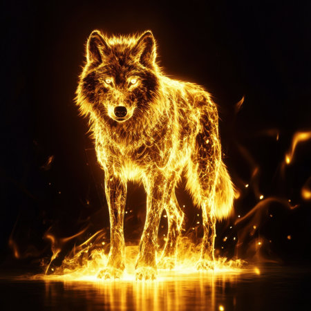 This captivating image features a wolf engulfed in vibrant flames, showcasing strength and energy. The glowing eyes and fiery details create a dynamic spectacle.の素材