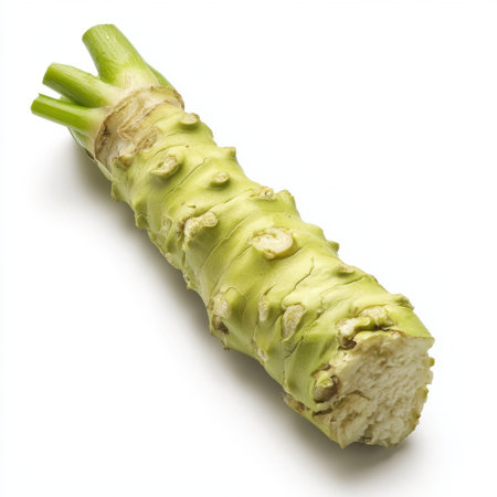 Fresh wasabi root displayed on a white background, showcasing its unique green texture and culinary potential. Ideal for food lovers and creative chefs.の素材