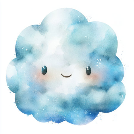 A charming watercolor illustration of a cute cloud with a smiling face. This whimsical design features soft blue hues and evokes a sense of joy and tranquility.の素材