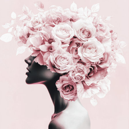 This artistic illustration features a silhouette of a woman adorned with vibrant flowers, evoking beauty and femininity in soft pink hues. Perfect for creative projects.の素材