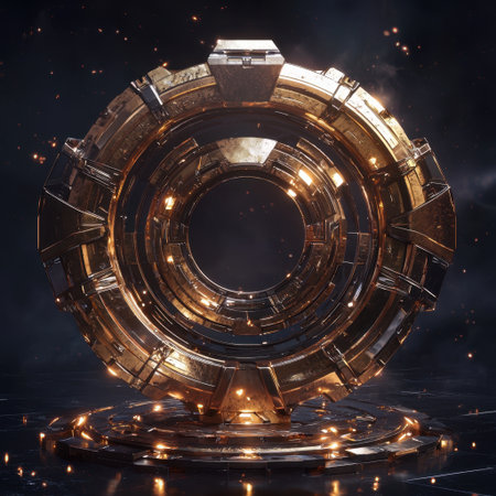 This stunning image features a futuristic metallic portal with glowing elements, set against a dark background, creating a captivating visual experience.の素材