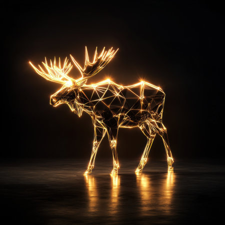 A stunning geometric moose sculpture illuminated with neon light against a dark background. This modern art piece captures the essence of wildlife with a creative twist.の素材