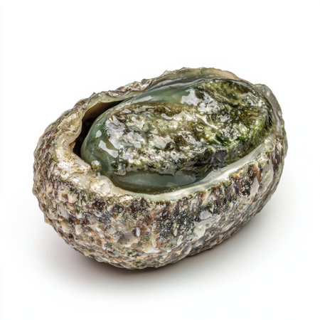 This image features a fresh abalone shell with its green meat visible, highlighting marine delicacies. Ideal for culinary and nutrition themes.の素材