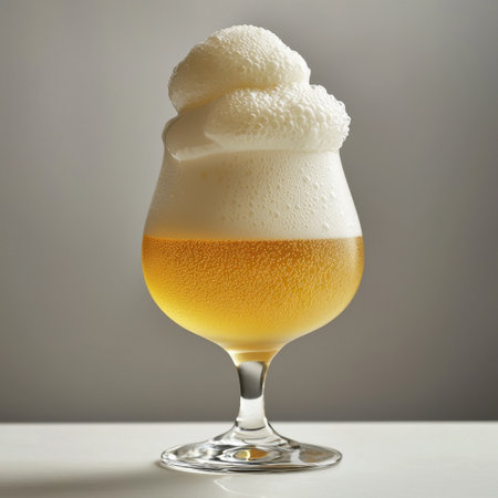 A captivating close-up of a golden beer with a thick foam atop. The stylish glass showcases the foamy beverage, perfect for bar and restaurant imagery.の素材