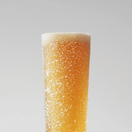 A tall glass of refreshing lager filled with bubbles and foam, set against a neutral background. Ideal for showcasing beverages in social settings.の素材