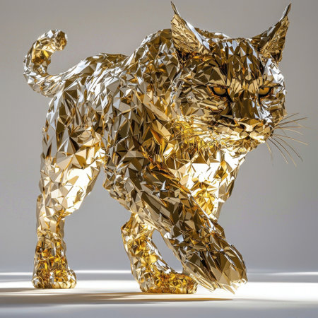 Stunning golden lynx sculpture rendered in a low-poly art style, showcasing the fusion of nature and modern design with its geometric elegance and shiny texture.の素材