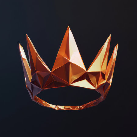 This striking geometric crown design features vibrant orange hues and sharp facets, creating a modern and artistic representation of royalty and elegance.の素材