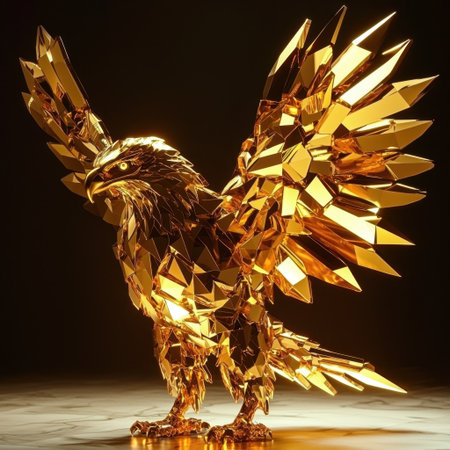 A striking golden eagle sculpture made of shimmering crystal pieces, showcasing intricate design and captivating reflections, perfect for art lovers and decor enthusiasts.の素材