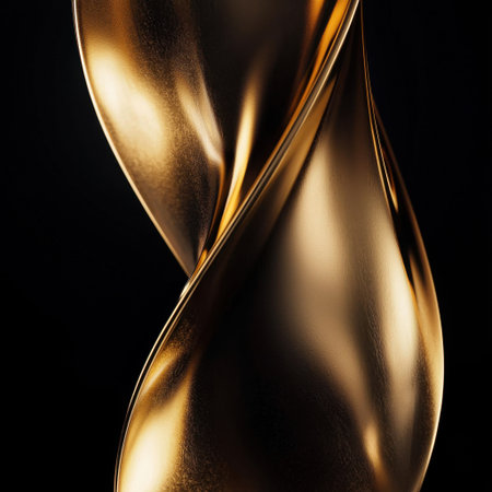 This stunning abstract image features swirling gold metallic curves that reflect light against a dark background, showcasing elegance and contemporary design.の素材