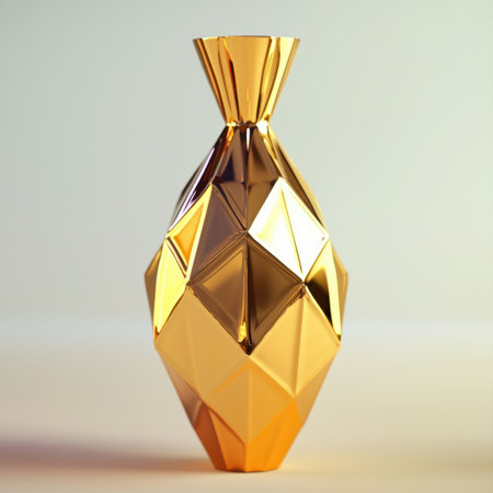 This elegant geometric vase features a luxurious golden finish, showcasing sharp angles and reflective facets, perfect for modern home decor and artistic displays.の素材
