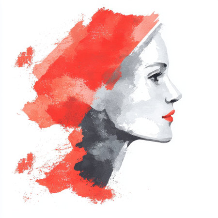 Captivating side profile of a woman illustrated with graceful red and gray splashes, showcasing beauty and elegance in a modern artistic style.の素材
