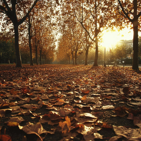 A picturesque autumn pathway lined with trees, bathed in warm sunlight, creating a serene atmosphere. Leaves cover the ground, enhancing the seasonal beauty.の素材