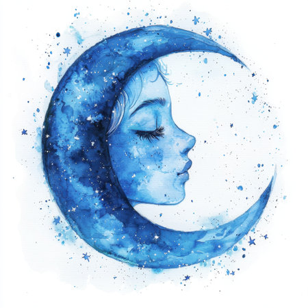 A captivating watercolor painting of a serene blue moon featuring a dreamy female profile. Perfect for creating a calming atmosphere in any space.の素材
