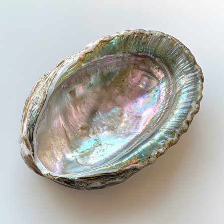 This image features a stunning abalone shell showcasing its iridescent interior. Perfect for nature themes, decor, and marine life collections.の素材