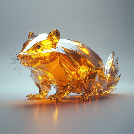 This striking low-poly rodent figurine in golden hues showcases modern artistry. Its geometric design and shiny surface create a captivating decorative piece.の素材