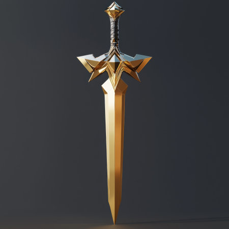 A stunning golden sword featuring sharp edges and an intricate design, perfect for fantasy themes, art displays, and storytelling in various settings.の素材