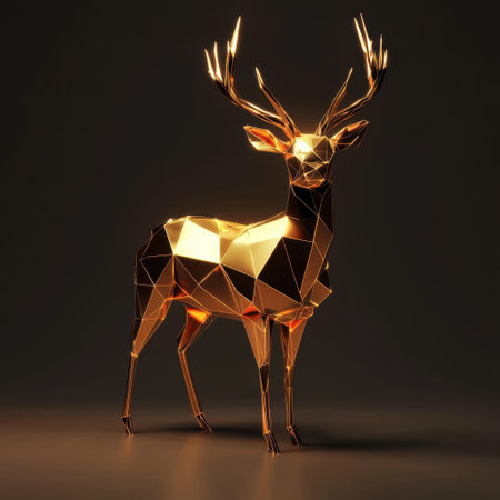 A striking golden polygonal deer sculpture, showcasing modern artistic design with geometric shapes, perfect for contemporary decor and decorative displays.の素材