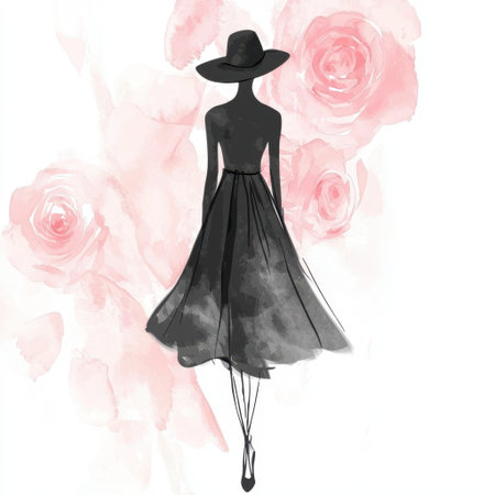 This elegant fashion illustration features a woman in a stylish dress and hat amidst soft pink roses, embodying beauty and femininity in a minimalist design.の素材