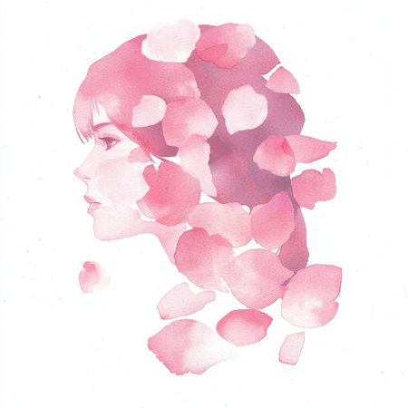 This artistic watercolor portrait features a woman's profile adorned with soft pink flower petals. The delicate design evokes feelings of beauty and serenity, perfect for creative projects.の素材