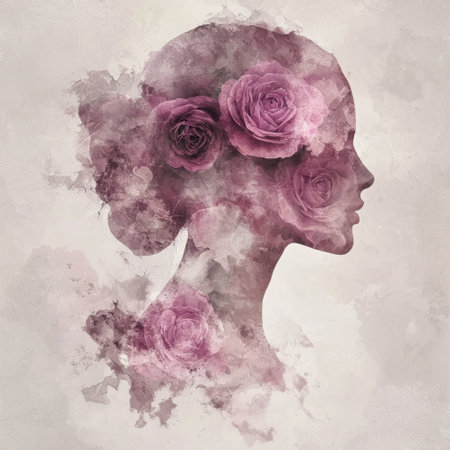 This artistic illustration features a woman's profile intertwined with soft pink roses, creating a dreamy and serene atmosphere. Perfect for beauty and nature themes.の素材