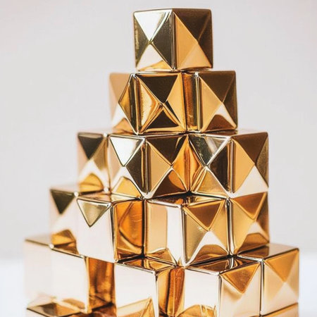 A stunning arrangement of golden pyramid-shaped blocks stacked elegantly on a white surface, perfect for creative projects, design inspiration, and modern decor.の素材