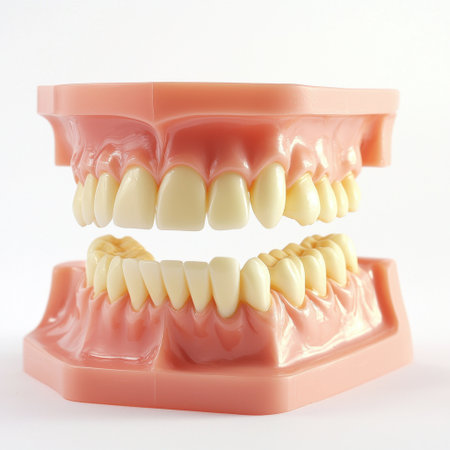 This realistic dental model illustrates the upper and lower teeth structure, ideal for education in dentistry and oral hygiene practices. Perfect for demonstrations.の素材