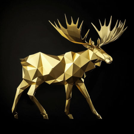 A stunning golden low poly sculpture of a moose set against a sleek black background. Ideal for modern decor, art showcases, and creative projects.の素材