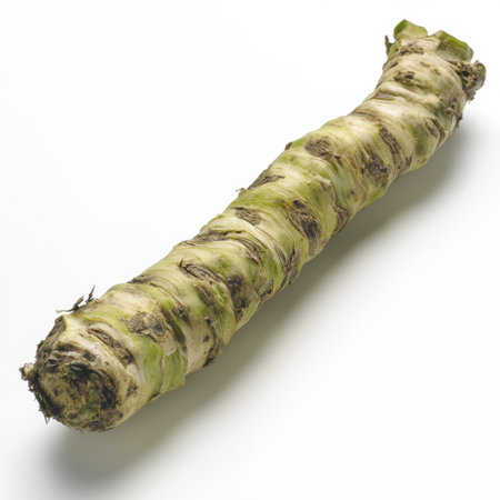 A freshly harvested horseradish root displayed on a white background, showcasing its unique texture and vibrant green hue. Ideal for culinary use or food photography.の素材