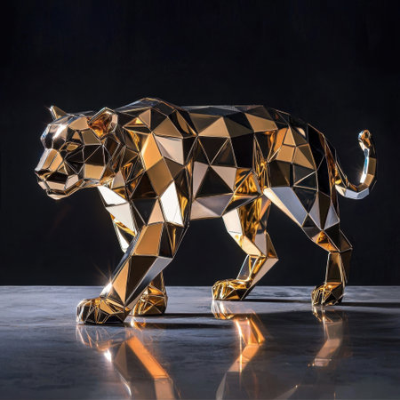A stunning geometric lion sculpture featuring a shiny, reflective finish that adds a modern touch to any space, perfect for art lovers and decorators.の素材