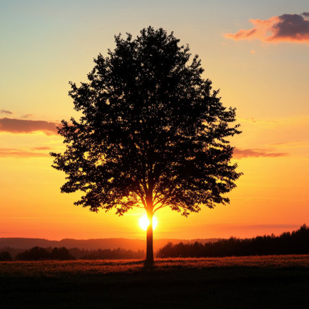 A stunning silhouette of a tree stands against a vibrant sunset sky. The colors transition beautifully, offering a peaceful and serene atmosphere ideal for nature lovers.の素材