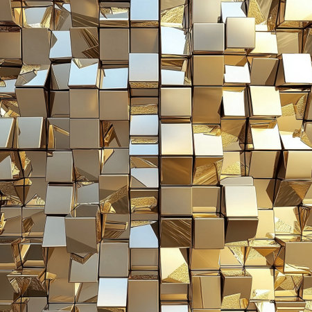 This stunning background features an arrangement of golden cubes with reflective surfaces, creating a sense of depth and modern elegance. Ideal for various design projects.の素材