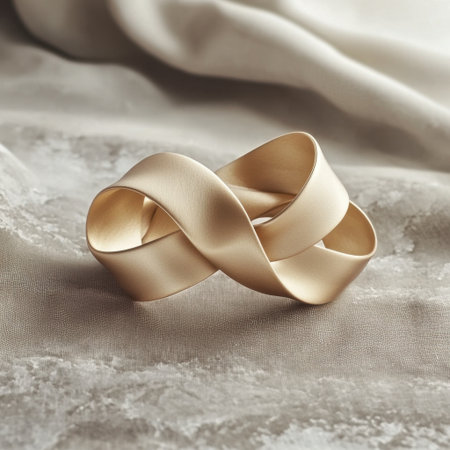 An elegant gold ribbon is artfully curled into a unique shape, resting on soft fabric, showcasing luxury and style perfect for decor or fashion applications.の素材
