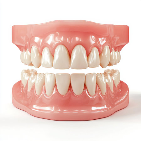 A detailed dental model featuring realistic human teeth and gums. Ideal for dental education, illustrating oral hygiene and the importance of tooth care.の素材