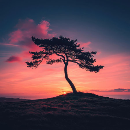 A stunning solitary tree stands silhouetted against a colorful sunset sky, capturing the essence of tranquility in nature's vibrant display. Perfect for serene landscapes.の素材