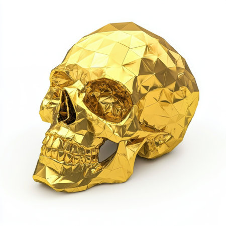 This artistic golden skull sculpture features a unique geometric design with polished facets, creating a striking visual statement suitable for modern decor.の素材
