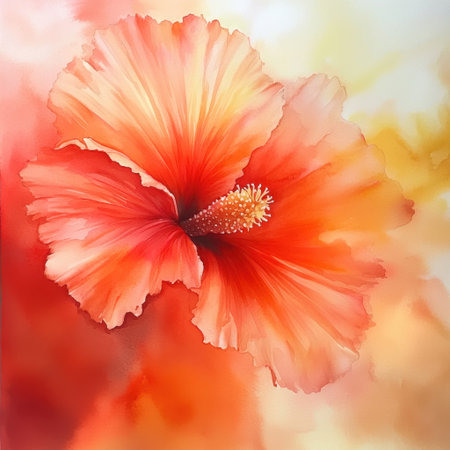 A stunning close-up of a vibrant orange hibiscus flower against a soft pastel background, capturing the essence of nature's beauty and summer serenity.の素材