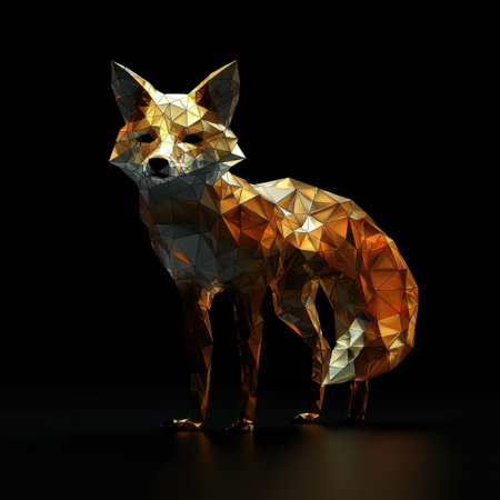 A captivating polygonal fox sculpture featuring vibrant orange hues, highlighted by dramatic low-light techniques. Perfect for modern art enthusiasts.の素材