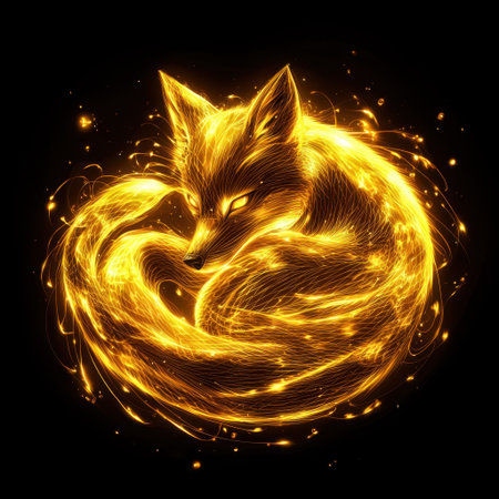 This stunning artwork showcases a glowing fox surrounded by magical energy, blending light and dark beautifully. Ideal for fantasy and nature themes.の素材