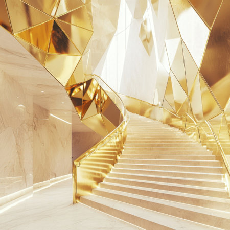 A stunning golden staircase gracefully winds through an exquisite modern interior, creating a luxurious and inviting atmosphere with elegant design and bright reflections.の素材