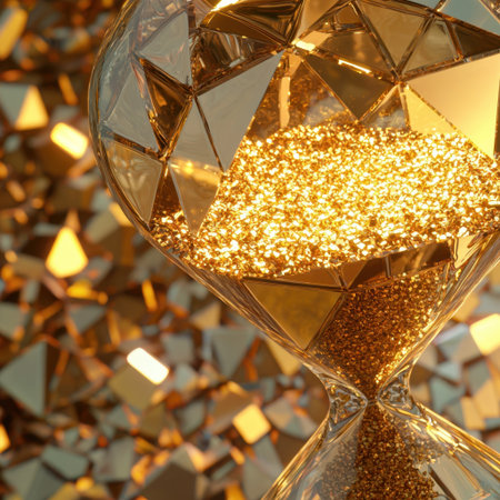 A captivating hourglass filled with sparkling golden sand, symbolizing time and luxury. The elegant design shines beautifully in a warm, inviting light.の素材