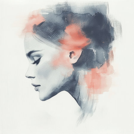 A beautiful profile portrait of a woman captured in soft watercolor strokes, reflecting elegance and creativity. This artwork embodies serenity and artistic expression.の素材