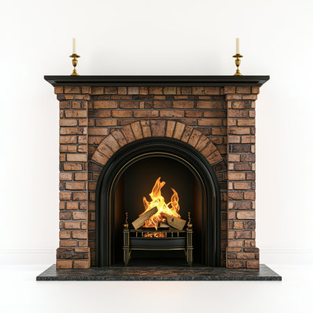 A charming brick fireplace with a cozy fire and elegant candles, perfect for creating a warm and inviting ambiance in any living space or home.の素材