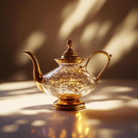 This elegant glass teapot features intricate designs and reflects warm sunlight, creating a serene atmosphere perfect for any kitchen or dining space.の素材